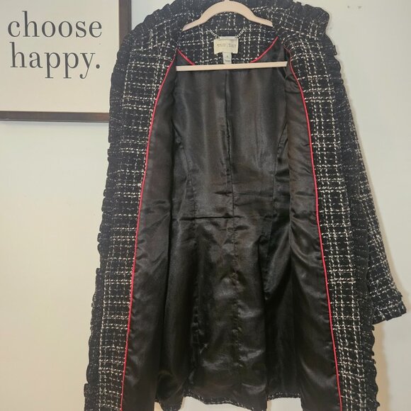 White House Black Market Wool Blend Tweed Coat Size 10 Black Plaid Red Trim - Picture 8 of 11